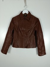 Mango Leather Jacket Womens Medium Brown Full Zip Racer Hipster Real Leather