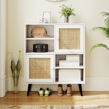 Natural Rattan Storage Cabinet with Solid Wood Legs 4 Open Shelves White