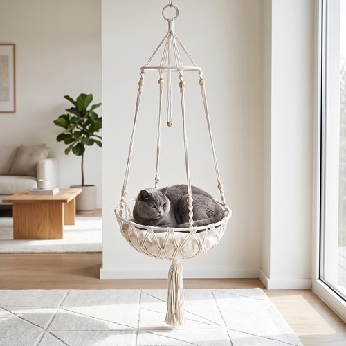 Macrame cat hammock hanging - cat,