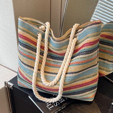 Boho Rattan Striped Woven Tote