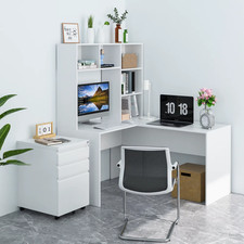L Shaped Corner Desk Computer Table with Shelves White Office Study Workstation