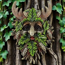 Green Man Wall Plaque Garden Ornament Horned Tree Spirit Acorn Face Home Decor