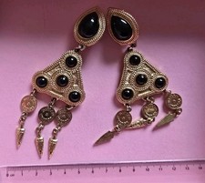 Butler and Wilson Large Icon Clipon Earrings Gold Black Drops Coins Halloween.  