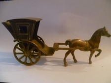 A Vintage Articulated Brass Pony & Trap Figurine / Miniature Brass Coach & Horse