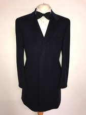CROMBIE - Mens Long NAVY BLUE WOOL COVERT COAT - UK 42 Reg - STUNNING RED LINING