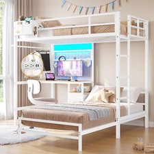 Twin Over Twin Size Bunk Bed with Desk Charging Station Led Lights Drawers White