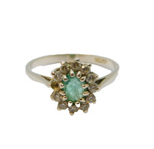 Sterling Silver Emerald & White Topaz Cluster Dress Ring Vintage c1970 Size O