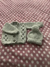Hand knitted grey baby Chunky cardigan n hat set. Aran pattern fit up to 3 month