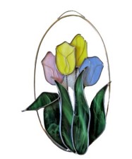 VINTAGE STAINED GLASS TULIPS PINK,YELLOW,BLUE,GREEN SUN CATCHER WINDOW ORNAMENT 