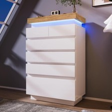 Tall High Gloss 6 Drawer Sideboard Cabinet with LED Light Storage White