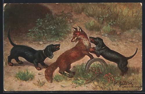 Artist dachshund traps fox - dachshund,