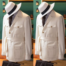 White Men's Suit Safari Jacket Belted Wedding Groom Tuxedo Outdoor Hunting Coat