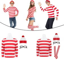 Women Men Kids Wheres Wally T-shirt Glasses Hat Socks Halloween Costume Cosplay