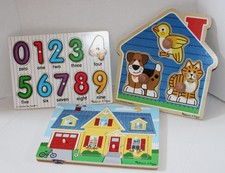 LOT of 3~MELISSA & DOUG~Wood PUZZLES~Numbers~"SEE & Hear SOUND" HOUSE~Animals