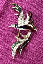 ATTWOOD & SAWYER BIRD of PARADISE BROOCH Green Black Enamel Diamante Gold Tone