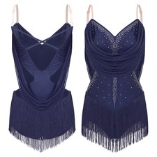 UK Women Rhinestones Tango Tassel Latin Dance Dress Leotards Ballroom Costume