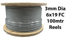 Galvanised Steel Wire Rope Cable 3mm Dia 6x19 Fibre Core - 100mtr Reel