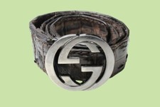 GUCCI Belt Women's ONE SIZE Snake Leather Look Brown Big Metal Logo Buckle