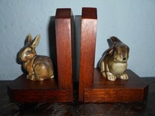 VINTAGE -  WOODEN OAK BOOK ENDS - WITH CERAMIC  BUNNY RABBITS -