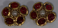 CHANEL Vintage Red Gripoix Glass Pearl Gold Flower Clip-On Earrings