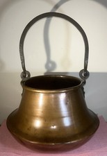LARGE ANTIQUE HEAVY FRENCH COPPER COOKING CAULDRON - Wrought Iron Handle 1.9kg