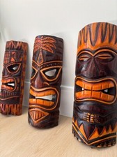 Hawaii Hand Made Set Of 3 Carved Wooden 12" Tiki Painted Mask Wall Hang Decor