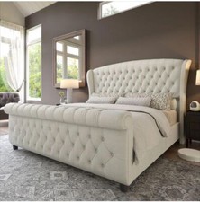 Luxury Tulip Wing Sleigh Bed With/Without Ottoman Gas Lift Storage in Soft Plush