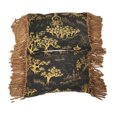 VTG Chinoiserie Starojan Tassle Pillows black and gold toile de Jouy pattern 