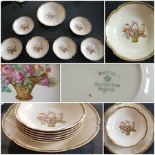 Pareek, Johnson Bros England, Dessert Set, 7 Piece, Flower Basket, Gold Rimmed 