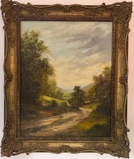 Vintage oil painting romantic English landscape signed antique-style gilt frame