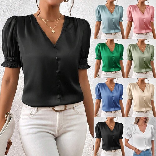 Women satin silk buttons tee - satin,