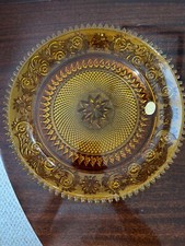 Vintage Tiara Amber Duncan Sandwich Glass Footed Round Serving Tray Platter 12"