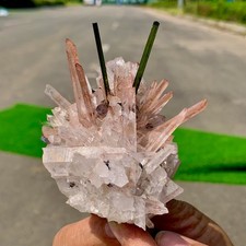 180g Natural Green tourmaline with specularite quartz crystal cluster mineral