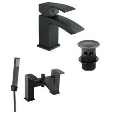 Bathroom Modern Waterfall Black Basin Sink Mono Square Mixer Tap Filler Waste