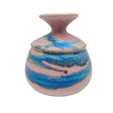 Vintage 1990 Studio Art Pottery Vase Blue Pink Drip Abstract Swirl Artist Signed