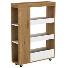 4 Tier Slim White & Oak Wooden Whelling Portable Kitchen Trolley Cart Storage