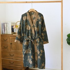 Womens Dark Teal Kimono Robe Gold Floral Pattern & Soft Cotton-Linen Texture