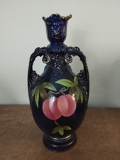 Antique Edwardian, Cobalt Blue Decorative Vase With Plumbs,  29cm Tall