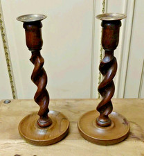 Pair Large Edwardian Barley Twist Oak Candlesticks 27 Cms Tall