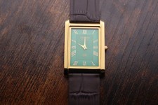 vintage Seiko Quartz Slim Tank Men Green Dial Dark Brown leather Dress Watch