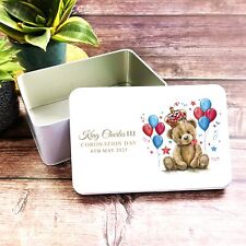 Watercolour Cute Teddy Bear Balloons Uk King Charles III Coronation Souvenir Tin