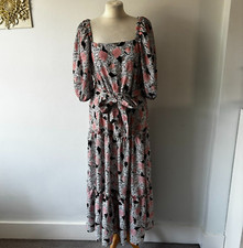 Next Pink White Black Floral Rose Print Midi Dress Boho Holiday Summer Size 14