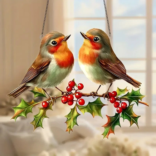 Christmas robin birds - christmas, stained
