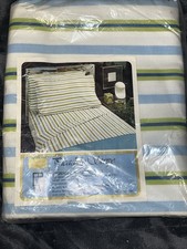 Vintage Sears Full Flat Sheet Blend Percale Picadilly Stripe Blue Green MCM NOS