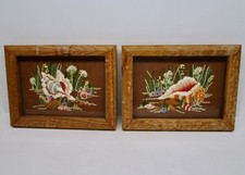 Vintage crewel picture seashells shells ocean beach framed pair coastal 6 x 8