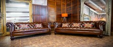 PAIR of TETRAD GRAND & MIDI CHESTERFIELD ANTIQUE TAN BROWN LEATHER CLUB SOFAS