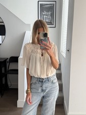 ZARA Women’s Cream Chiffon Blouse Frill Tier Ruffle Floaty Top Tie Neck Medium