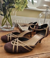 🖤Beautiful Vintage Bertie Low Heel Womens Shoes Ankle Strap. 39 Brown+Gold VGC