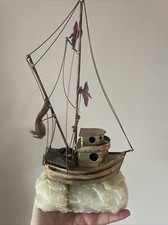 Vintage Signed DeMott Fishing Trawler Shrimp Boat. Brass With Onyx Base