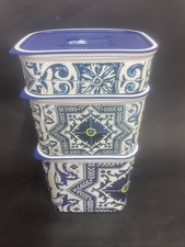Rare Tupperware Stacking Set Of 3 Arabesque Tile Pattern Containers Rectangular